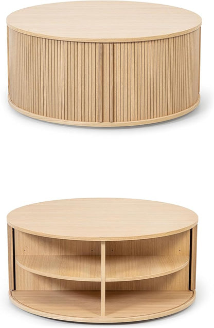 WERMO 35'' Round Coffee Table with Storage and Shelves - Round Center Table for Living Room and Office. Wood Mid Century Modern Coffee Tables for Living Room (Oak)