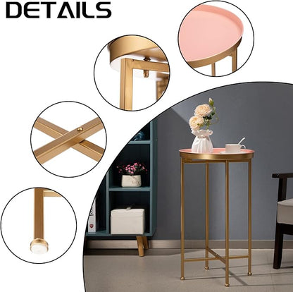 HollyHOME Small Round Metal End Table, Accent Indoor&Outdoor Coffee Side Table, Snack Sofa Table for Living Room, Anti-Rust Decorative Plant Stand, (D) 14.5" x(H) 25", Gold&Pink