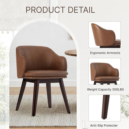 Wooden Dining Chairs Set of 2, Faux Leather Upholstered Modern Dining Room Chairs with Barrel Backrest & Double-Layer Thick Cushion for Living Room, Restaurant, Kitchen and Café, Brown