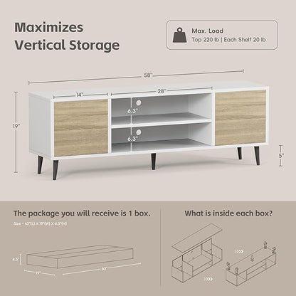 YESHOMY Modern TV Stand for 65" Television, Entertainment Center with Two Storage Cabinets and Open Shelves, Retro Style Media Console for Living Room, Bedroom, Office, 58 Inch, White & Beige