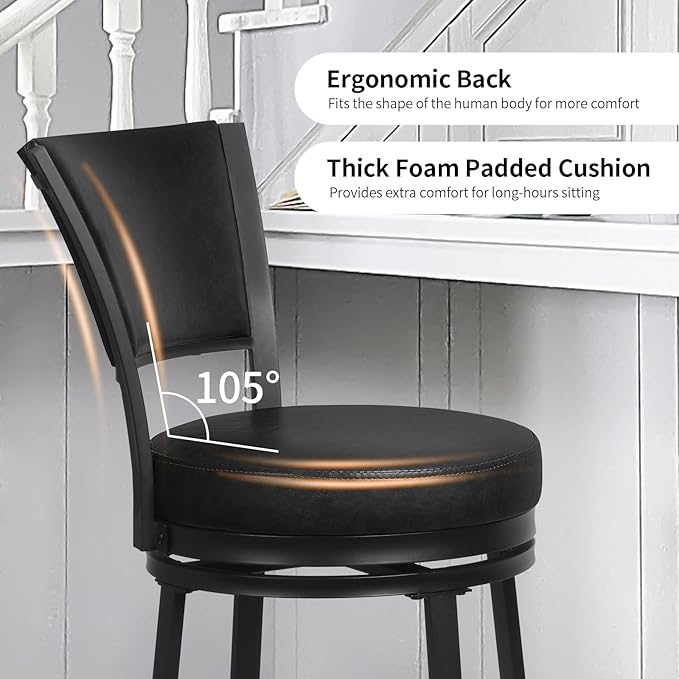 Bar Stools, 25 Inch Metal Counter Height Barstools Set of 2, Faux Leather Round 360° Swivel Bar Chairs with Backrest, Modern Swivel Bar Stool for Kitchen Island, Black