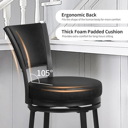 Bar Stools, 25 Inch Metal Counter Height Barstools Set of 2, Faux Leather Round 360° Swivel Bar Chairs with Backrest, Modern Swivel Bar Stool for Kitchen Island, Black
