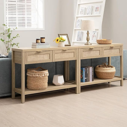 SICOTAS Console Table Set of 2 - Boho Entryway Table with Storage and Rattan Drawers, 2 Tier Shelf, Narrow Long Sofa Tables for Living Room, Natural Entry Table for Hallway, Foyer