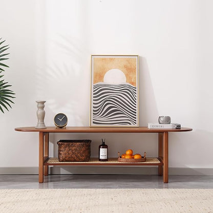 Tiita TV Stand with Storage for TV up to 65 inch, Bamboo Rattan TV Console Entertainment Center with 2 Open Shelf, Mid Century Modern Media Console for Living Room, Bedroom, Walnut