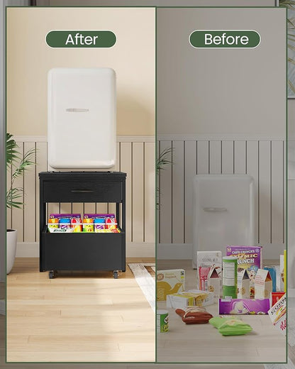 End Table, 19.7 Inch Square Side Table, Mini Fridge Stand with Storage, Nightstand with Mobile Basket Cart, for Living Room, Bedroom, Black TBZ55BB