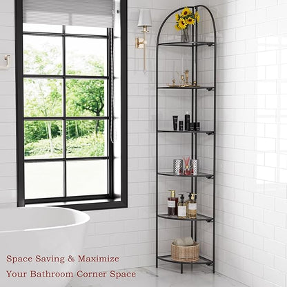 Crofy Foldable 6 Tier Corner Shelf, Metal Corner Plant Stand with Black Frame and Transparent Shelves, Corner Display Rack Multipurpose Shelving Unit for Living Room, Bedroom, Bathroom