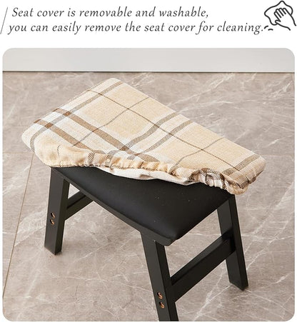 Foot Stool,Ottoman,Bamboo Small Sofa Foot Rest Under Desk,Extra Seating for Living Room, Bedroom and Kitchen (Black Stool Legs - Stripes Surface)