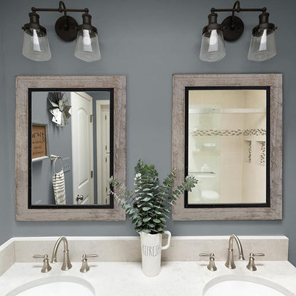 YOSHOOT Rustic Wooden Framed Wall Mirror, Natural Wood and Iron Bathroom Vanity Mirror for Farmhouse Decor, Vertical or Horizontal Hanging, 60" x 36", Grey