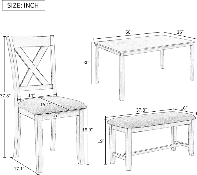 Ball & Cast 6 Piece Dining Table Set with 4 "X-Shaped Curved Backres Fabric Chairs & 1 Bench,Living Room Furniture W/ 60" Rectangle Kitchen Desk,for Restaurant,Home Bistro,Natural Cherry