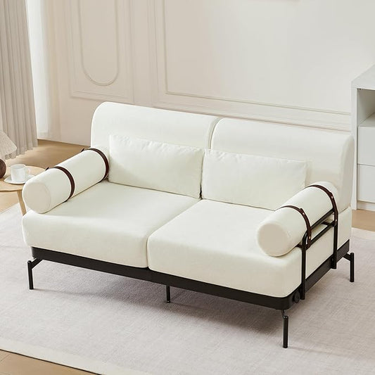 Modern Loveseat Sofa 59" Sofa Couch 2-Seater Sofa with Flexible USB Ports, Unique Cylindrical Armrests for Living Room, Beige