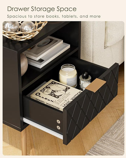 Nightstand,Morden Bedside Table with Gold Frame,Small White Night Stand,End Table,Bedside Furniture,Side Table with Drawer and Shelf for Bedroom,Living Room (1Drawer, Black-Square)