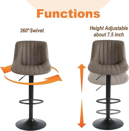 Bar Stool Set of 1, Adjustable PU Leather Bar Chairs, Swivel Counter Height Barstools with Back, Modern Armless Kitchen Island Stool, Brown