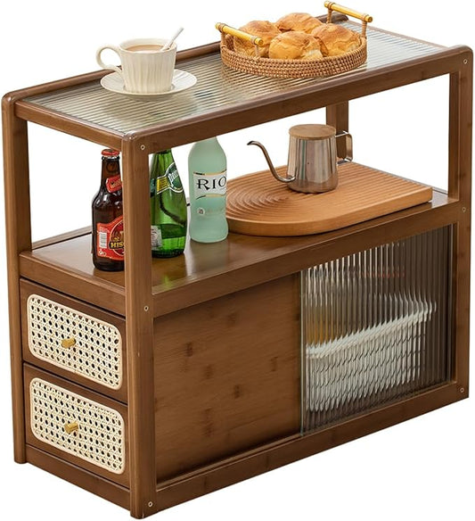 Bamboo & Rattan Side Table with Glass Top – 2-in-1 End Table and Bedside Cabinet with Drawer Storage for Small Spaces, Bedroom, Living Room,Walnut