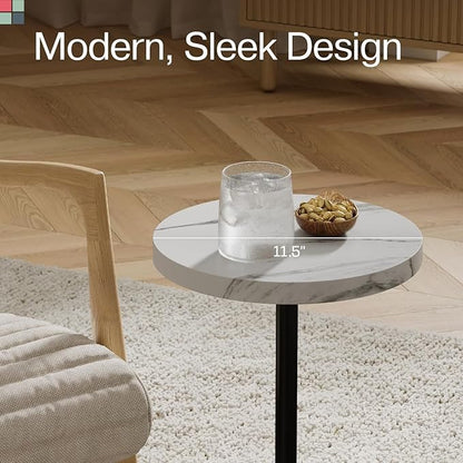 Round Metal Drink Table, Pedestal Drink Desk, Modern Home, Bedroom, and Living Room Furniture, Small Metal Side Table with Cylindrical Light Brown Base, Pedestal Desk (Faux Marble Top)