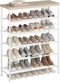 Shoe Rack Organizer 6 Tier for Closet Entryway Free Standing Metal Storage Shoe Shelf with MDF Top Board，White+Oak