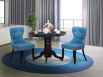 East West Furniture SHSI3-BLK-21 3 Piece Kitchen Table Set for Small Spaces Contains a Round Dining Table with Pedestal and 2 Blue Linen Fabric Parson Chairs, 42x42 Inch, Black