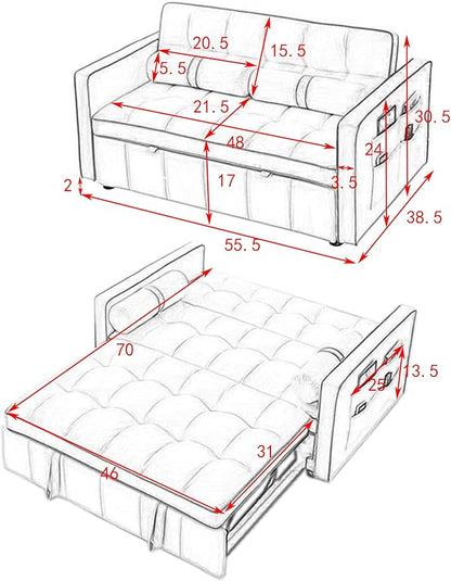 ERYE 3 in 1 Tufted Sleeper Sofa Bed with Cylindrical Pillows,Modern Convertible Loveseat Sofá W Pull Out Sleep Couch Bed and Side Pockets,Velvet Upholstered Love Seat Sofabed for Living Room