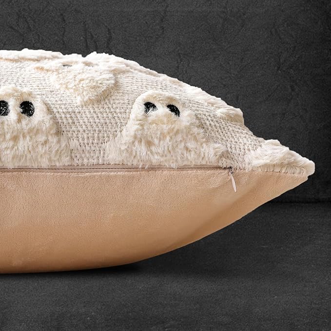 4TH Emotion Halloween Ghost Decorative Lumbar Pillow Covers 12x20 Set of 2, Beige Soft Plush Faux Fur Farmhouse Throw Cushion Cases for Fall Autumn Holiday Home Decorations