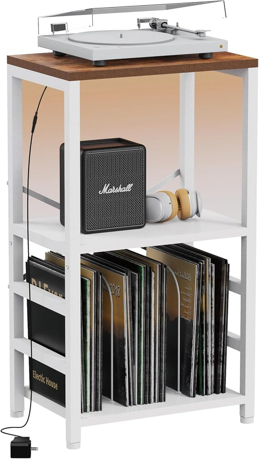 End Table with LED Light,Record Player Stand with Albums Storage,Vinyl Records Storage,Turntable Stand Side Table for Music Room Studio Living Room Bedroom-White