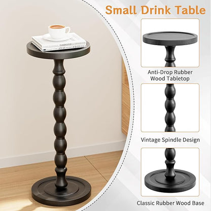 Rubber Wood‌ Small Side Table, Solid Wood‌ Round End Tables for Small Spaces, Martini Tables, Pedestal Drink Table for Living Room, Bedroom, Corners, and Office (Black, 9.4inch)