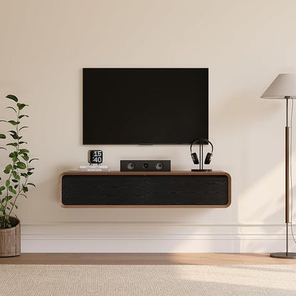 POVISON Fully-Assembled Minimalist Floating TV Stand, Modern Wall-Mounted Entertainment Center with 2 Flip-Down Cabinet Doors, Solid Wood Media Console, Walnut & Black, 47.24"