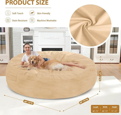 7FT Bean Bag Chair, Large Bean Bag Chairs with Memory Foam Filled, Fluffy Beanbag Sofa with Dutch Velvet Cover, Round BeanBag Chairs for Living Room, Playroom - Khaki