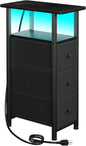 Narrow End Table Living Room with Charging Station, Skinny Side Table with Fabric Drawers, Slim LED Nightstand for Bedroom, Small Spaces, Couch, Black, HETNDP03LBK-1