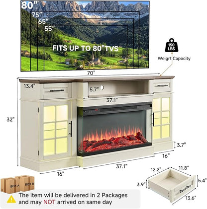 ROCKPOINT 3 Sided Glass 70" Fireplace TV Stand for TVs up to 80", Entertainment Center with Drawers and Glass Door Storage Cabinet for Living Room,36" Electric Fireplace & Adjustable LED Light,White