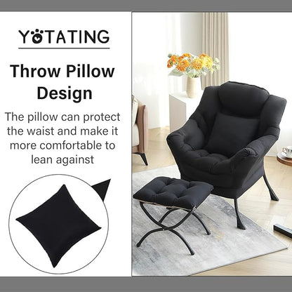 Lazy Chair with Ottoman, Comfy Reading Chair with Footstool & Pillow Modern Lounge Chair with Armrests & Side Pocket for Living Room, Bedroom, Dorm Room，Black