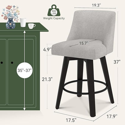 Vipbear Swivel Counter Height Bar Stools Set of 2,26.8" H Counter Stools with Back, Mid Century Modern Bar Stools for Kitchen Island,Linen Fabric,Wooden Base, Light Gray