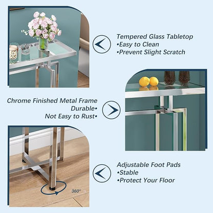 ASYA Glass Console Table for Entryway, Modern Entryway Table with Tempered Glass & Chrome Frame, Silver Sofa Table for Living Room Hallway