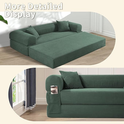 80" Convertible Sofa Bed, Corduroy Deep Seat Folding Pull Out Couch with Pillows, No Assembly Modern Boneless Couch Compression Sofa in Box, Floor Sofa with Storage Pocket for Living Room,Light Green