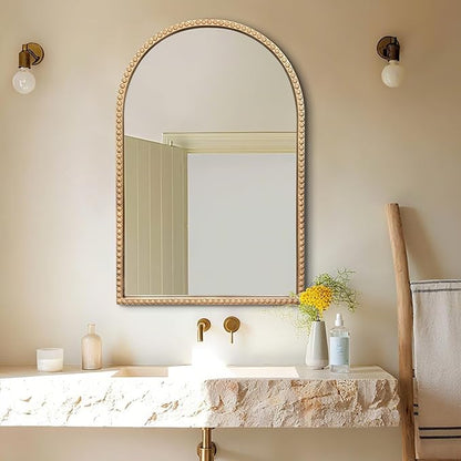 Gold Arched Mirror, 24"x36" Arch Vanity Mirrors for Bathroom, Metal Beaded Frame Decorative Accent Mirror, Ornate Vintage Mirrors for Fireplace Bedroom Living Room Hallway Entryway