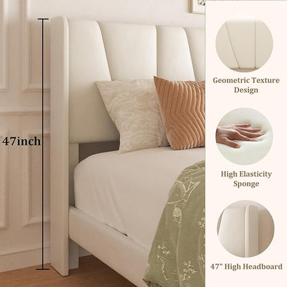 King Bed Frame with Storage Drawers, Upholstered Platform Bed with Headboard and Wingboard, No Box Spring Needed, NO Noise, Easy Assembly, Wooden Support Slats, Beige