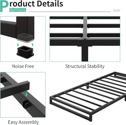 4 Inch Twin Size Bed Frames Heavy Duty Metal Twin Platform Bed Frame No Box Spring Needed, Noise Free, Easy Assembly, Black