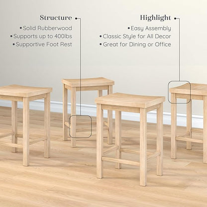 Grain & Grove Smith Collection Set of 4 Solid Wood Counter Height Bar Stools, 24-Inch Saddle Seat Backless Stools, Ideal for Kitchen Island, Dining, or Home Bar Seating, Blonde