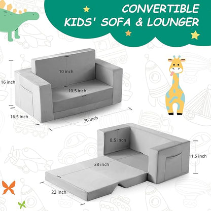 Kids Couch, 2-in-1 Toddler Chair Comfy 1-3 Years, Convertible Kids Chair, Toddler Couch That Fold Out, Kid Lounge Chairs for Boys and Girls, Soft Coral Fleece, Double, Grey