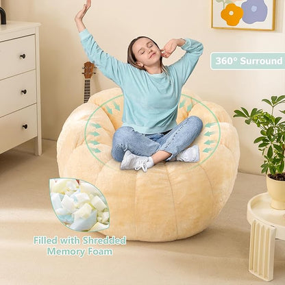 Pumpkin Bean Bag Sofa Chair, Bean Bag Chair with Filler for Teens, Kids, Toddler, Comfy and Lazy Sofa for Dorm, Apartment, Living Room and Bedroom, Ivory