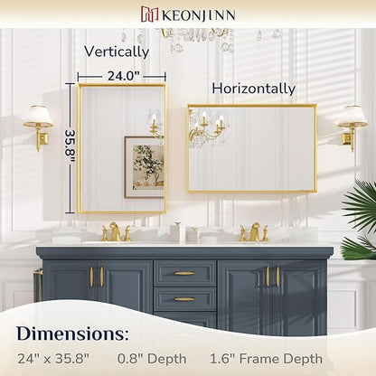 Keonjinn 24 x 36 Inch Brushed Gold Bathroom Mirror Gold Wall Mounted Vanity Mirror Metal Framed Rectangular Mirror for Bathroom Gold Rectangle Mirror with Aluminum Alloy Frame(Horizontal/Vertical)