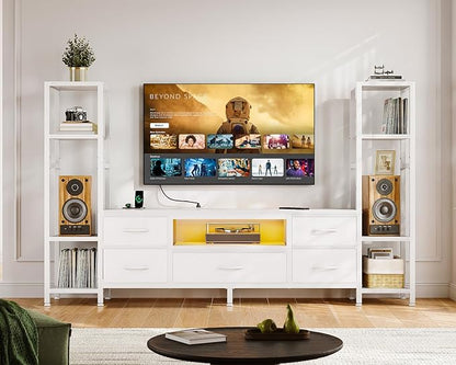 Casaottima 71" TV Stands for 43, 50, 55 Inch TV Entertainment Center with LED Lights and Power Outlets, TV Stand for Living Room with 5 Fabric Drawers & Shelf, TV Console Cabinet for Bedroom, White