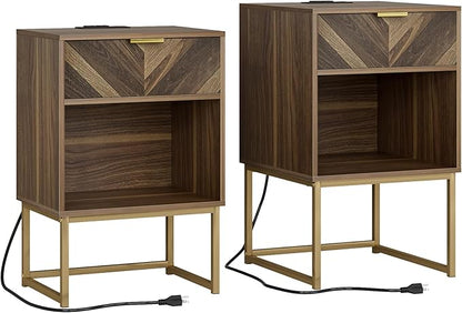 Masupu Extra Large Nightstand with Charging Station,Boho Night Stand Modern Farmhouse Wood Bedside Table with Storage Drawer and Open Shelf,Side End Table for Bedroom,Living Room,Office Brown