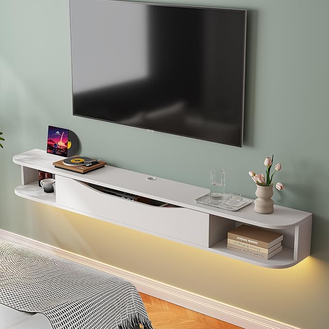 Floating TV Stand,47'' Wall Mounted TV Cabinet,Floating TV Console,Under TV Shelf with 1 Door and 2 Cabinets for TVs up to 55''(White)