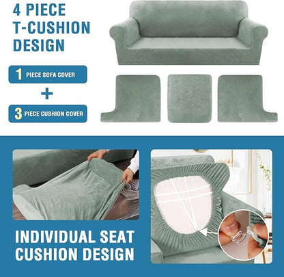 H.VERSAILTEX Sofa Cover 4 Piece T Cushion Sofa Slipcovers Thick Velvet Couch Cover Stretch T Cushion Sofa Covers for 3 Cushion Couch with 3 Individual T Cushion Covers Washable, Sea Grass