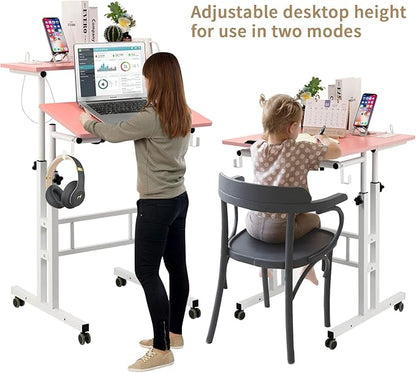 Hadulcet Mobile Standing Desk with Charging Station, Adjustable Standing Computer Desk, Standing Adjustable Laptop Cart with Wheels for Home Office Classroom, Pink