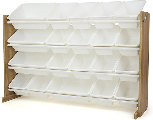 Humble Crew Extra-Large Toy Organizer with 20 Plastic Bins – Natural/White Storage Rack with 4-Tier Shelves, Anti-Tip Safety, for Kids’ Rooms, Playrooms, Nurseries & Classrooms