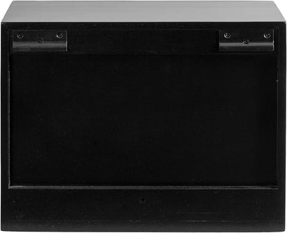 Kate and Laurel Mezzeta Modern Floating Shelf Side Table with Storage Cubby; 16 x 10 x 12; Black; Decorative Slatted Wood Floating Nightstand with Pull Down Door for Use as Bathroom Storage