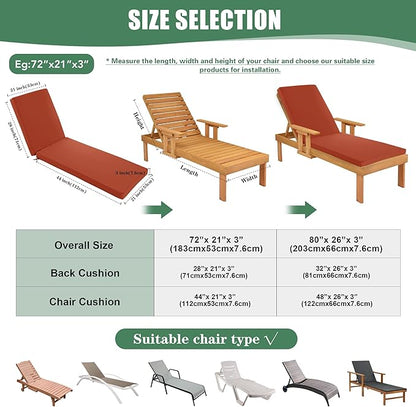 Chaise Lounge Cushions Outdoor - Waterproof and Fade Resistant Sun Lounger Replacement Cushions - Patio Lounger Pads with Removable Cover for Pool, Deck, Lawn, 72 x 21 x 3 Inch, Rust