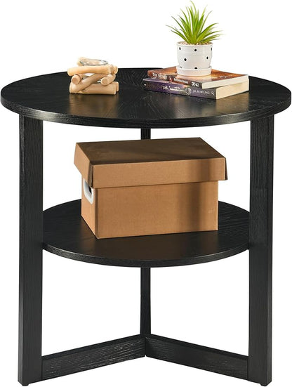 Large Round End Table with Storage Shelf, Rustic Beside Tables with Umbrella Top,Traditional Circular Sofa Side Table, 25.2”D Telephone Table for Living Room Easy Assembly Brushed Black CJZ3338BK
