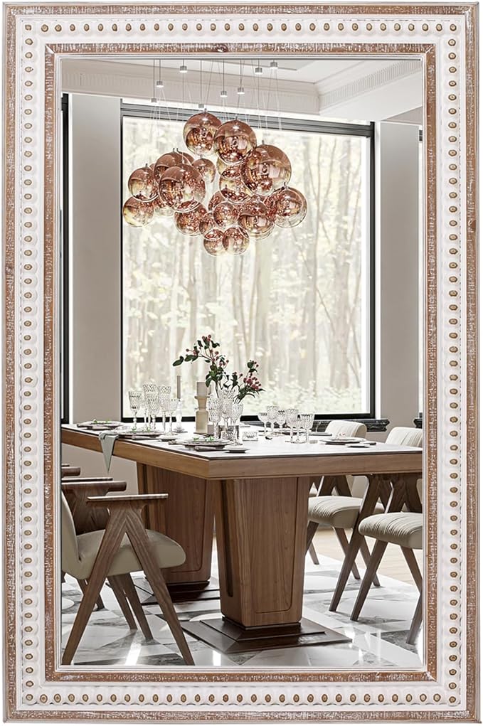 35x23'' Boho Wooden Rectangle Wall Mirror, Rustic Farmhouse Rectangular Mirrors for Bathroom, Bedroom, Living Room, Entryway Decorative - Vertical or Horizontal Hanging