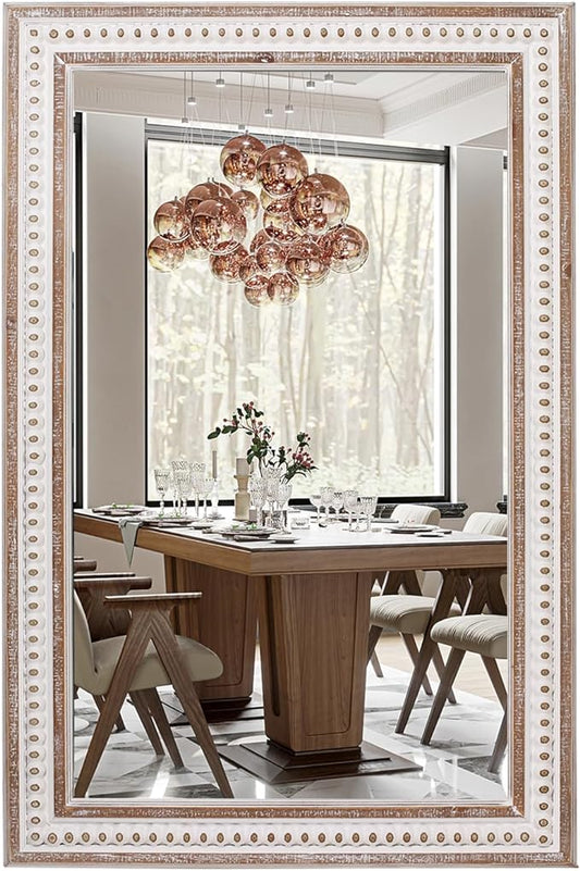 35x23'' Boho Wooden Rectangle Wall Mirror, Rustic Farmhouse Rectangular Mirrors for Bathroom, Bedroom, Living Room, Entryway Decorative - Vertical or Horizontal Hanging